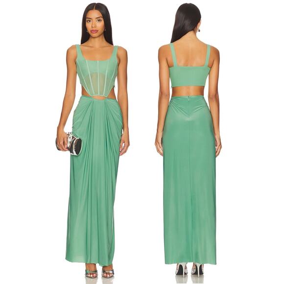 Deme Gabriella Valentina Corset Maxi Dress Cut Out Formal Statement Green Sz XS - Picture 1 of 9